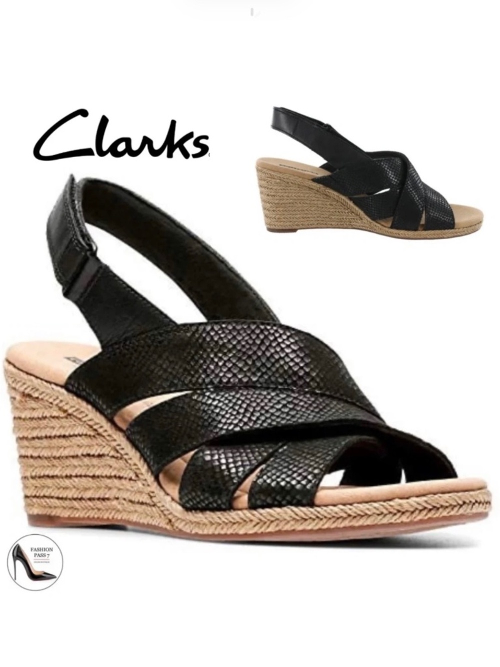 Clarks Lafley Krissy Black Leather Ankle Strap Wedge Sandal Platform Espadrilles